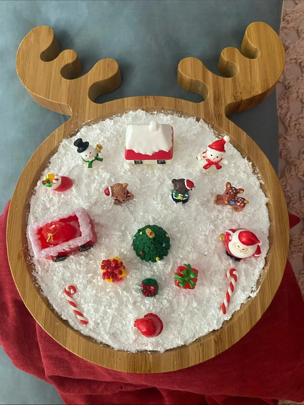 Holiday Reindeer Decorative Snow Tray with Red and Green Miniatures